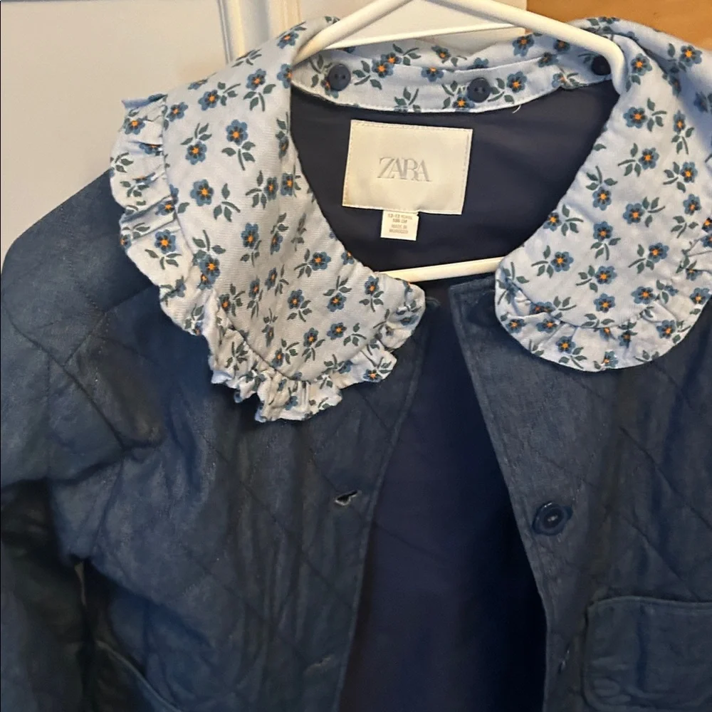 Zara kids Navy Quilted Jacket with Floral Trim size 12